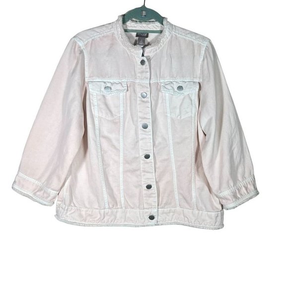 Chico's Pink Faded Jacket Fringe Button Up Size Large Cotton Linen - Picture 1 of 11